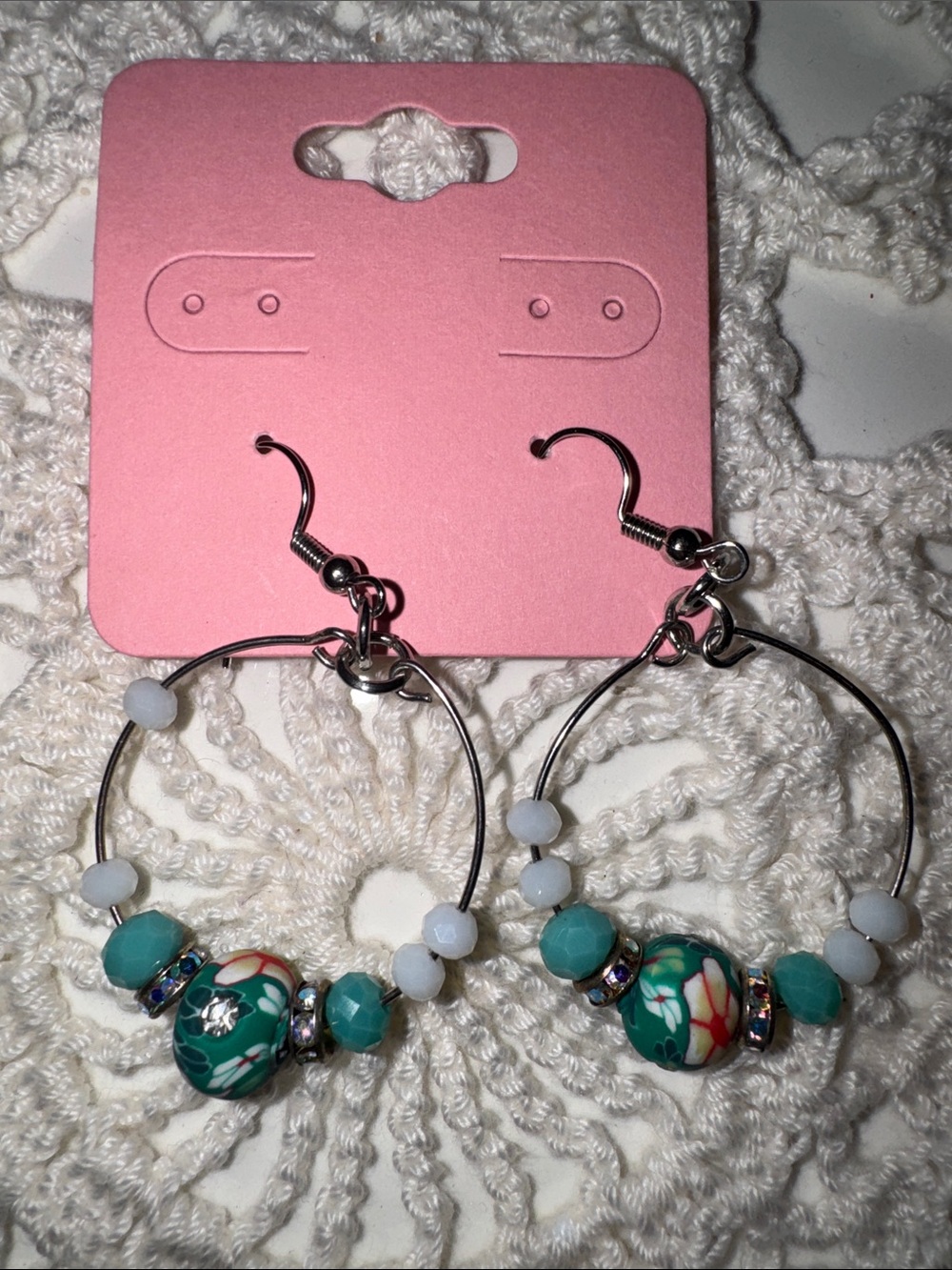 Handcrafted Teal Floral Hoop Earrings NWOT